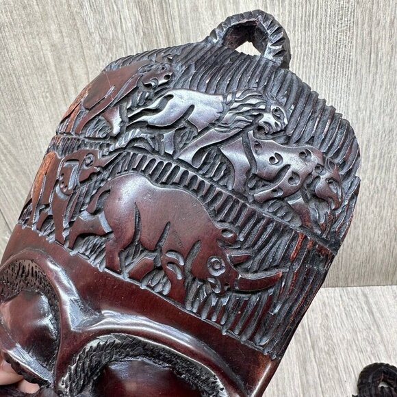 Vintage Wall Hanging Decorative Hand Carved Wood African Tribal Masks Pair Brown - Picture 6 of 13